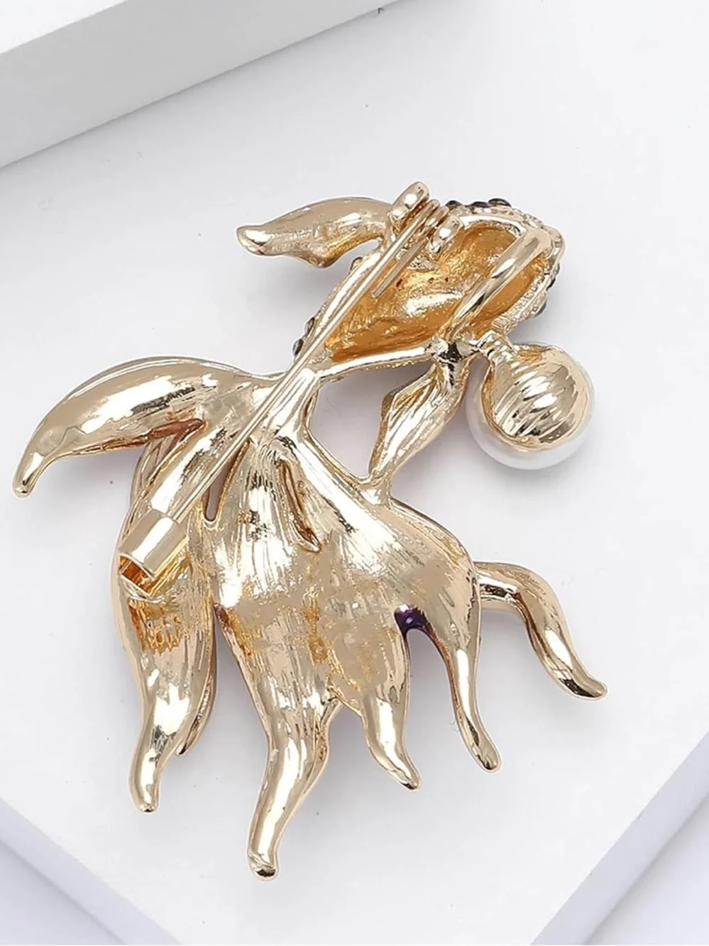 Anthropologie Red & Orange Koi Fish Brooch with Pearl